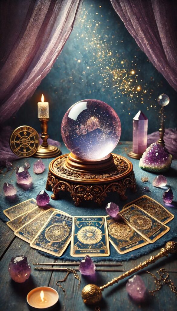 Altar místico de Tarot com bola de cristal, baralho oracular e cristais ametista — Ilustração do mecanismo de funcionamento do Tarot e conexão espiritual.