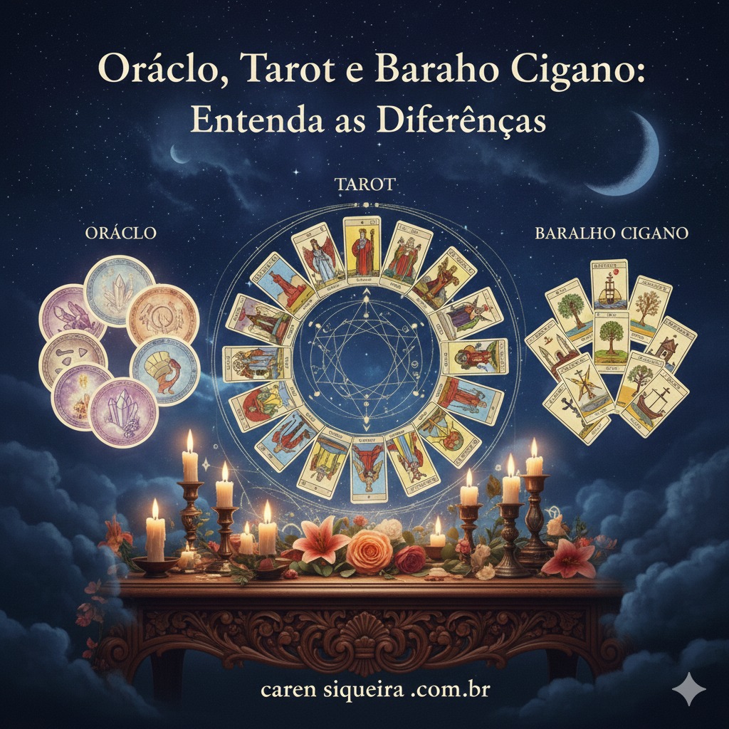 Caren Siqueira demonstrando a diferença entre cartas de Tarot, Baralho Cigano e Oráculos em Florianópolis.