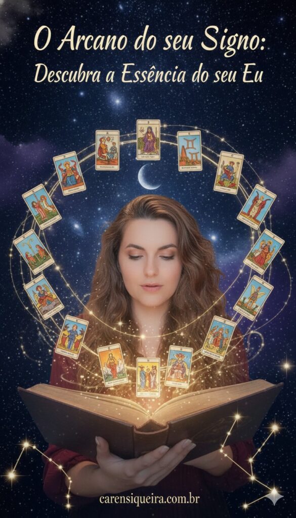Poster oficial de Caren Siqueira - O Arcano do seu Signo: Guia de conexão mística e essência do ser através do Tarot e Astrologia.