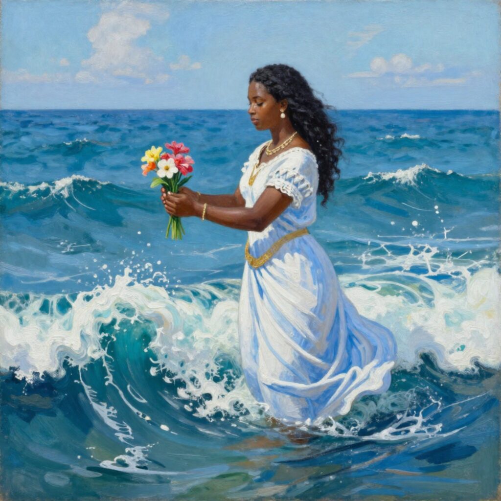 Pintura artística de Iemanjá, Rainha do Mar, entregando flores às ondas em Florianópolis - Símbolo de limpeza emocional e renovação espiritual.