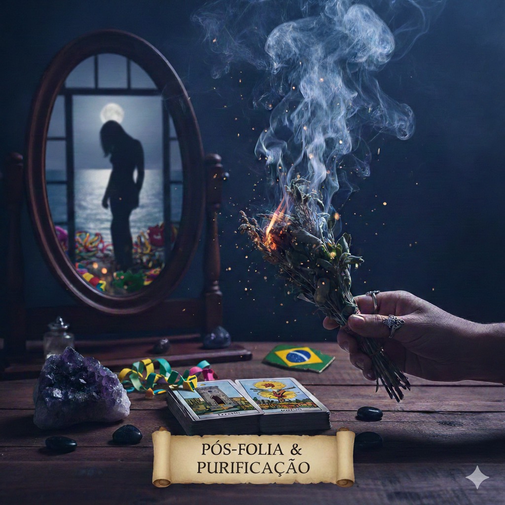 * Mesa de madeira rústica com cartas de Tarô, cristais de ametista e mão segurando ervas em chamas para defumação, com reflexo de silhueta feminina em espelho ao fundo. * *Legenda Sugerida:* O Tarô como bússola para retomar o equilíbrio após a folia.