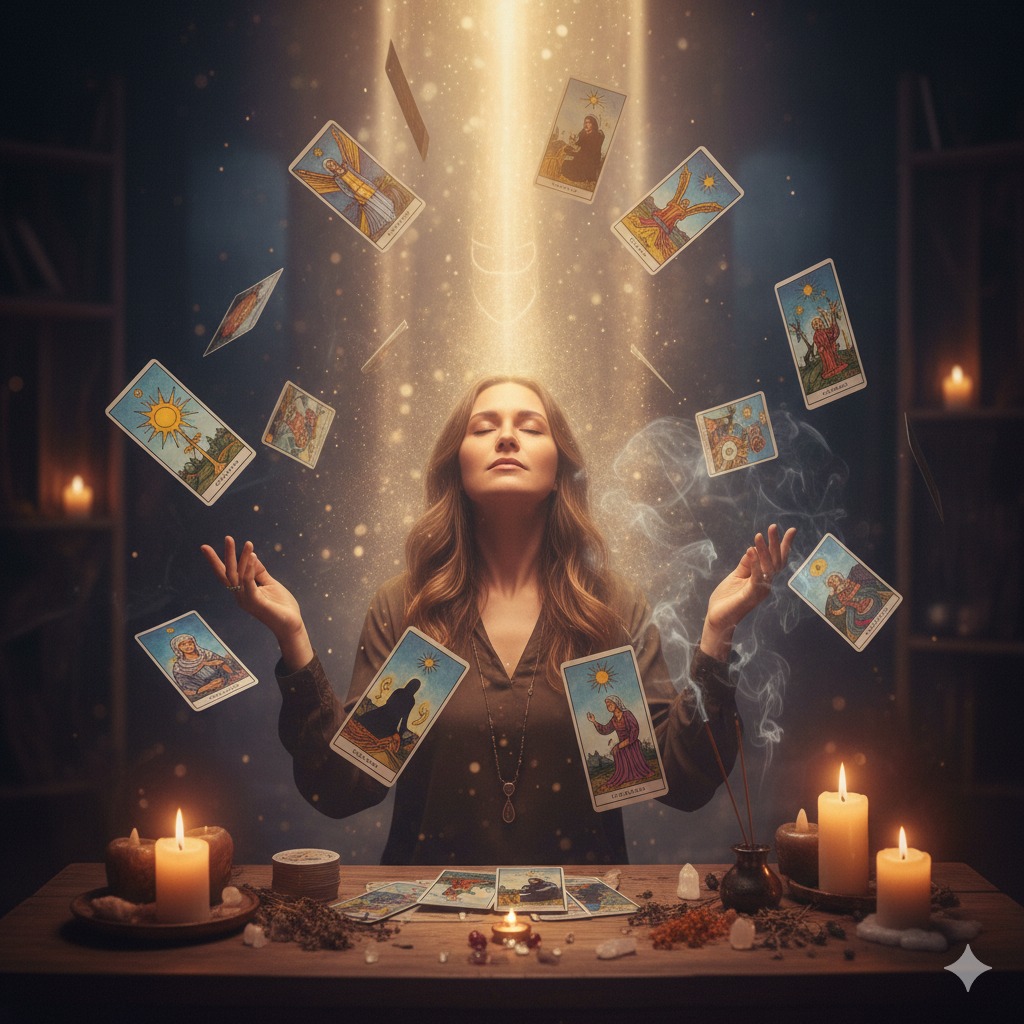 Mulher com olhos fechados e expressão serena sendo banhada por um feixe de luz dourada vindo do alto, com cartas de Tarô flutuando ao seu redor em um ambiente místico com velas e incenso.