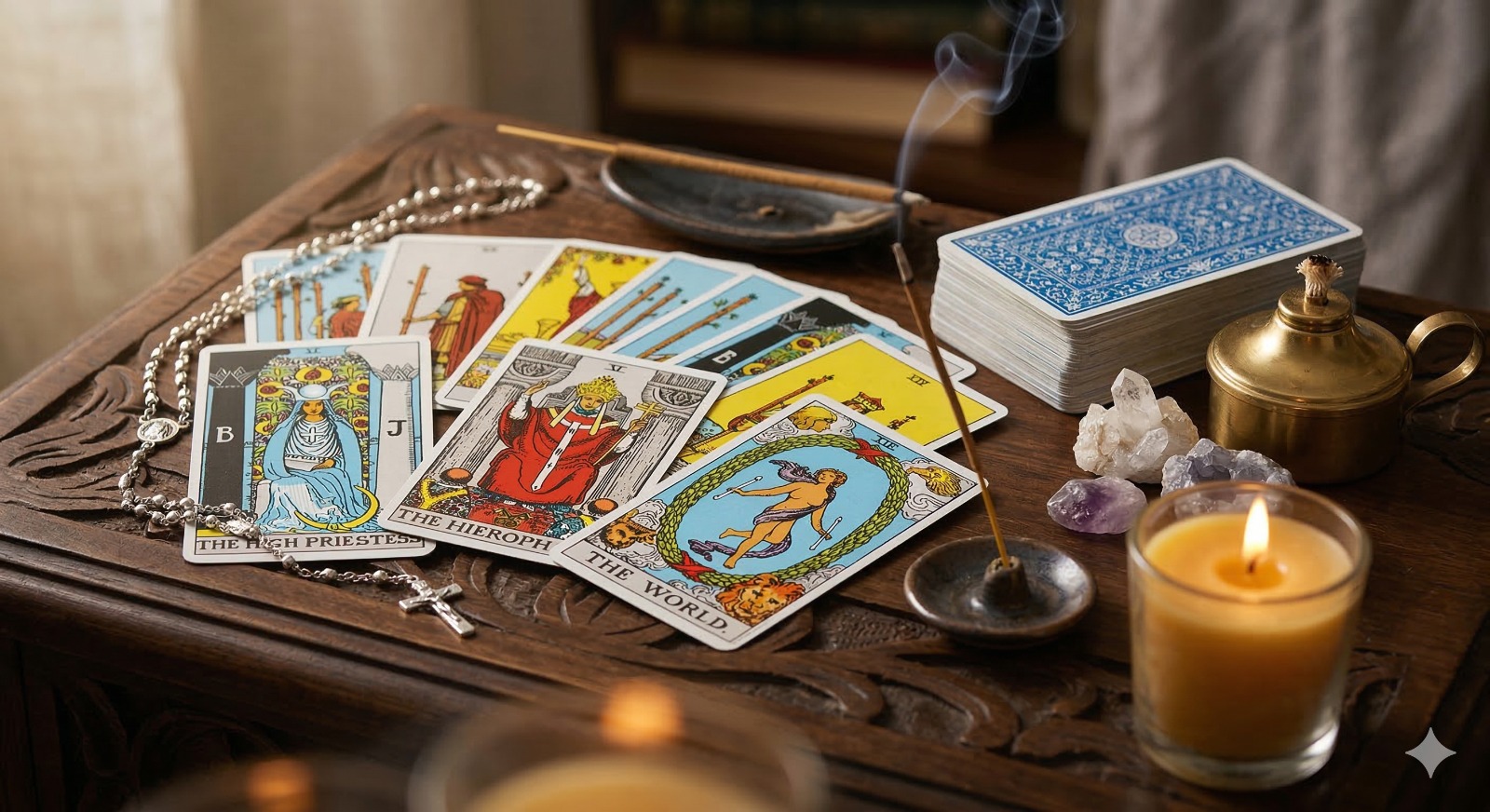 Cartas de Tarot (A Sacerdotisa, O Hierofante e O Mundo) ao lado de um terço e vela acesa, simbolizando o sistema iniciático e a religiosidade.